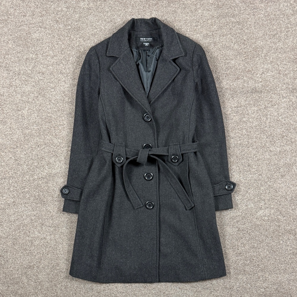 VTG Y2K Grey Wool‎ Mid Length Belted Single Breasted Preppy Pea Coat Women’s 10